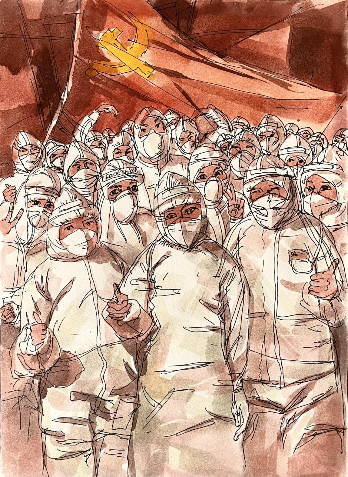 4.冯大康，《众志成城，抗疫必胜》，钢笔淡彩，21×29.5CM,2022年。